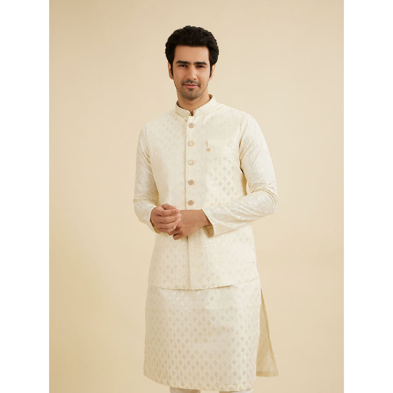 Manyavar Warm White Art Silk Jacket (M)