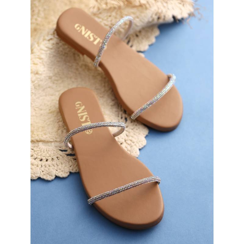 GNIST Beige Embellished Flat Sandal (EURO 38)