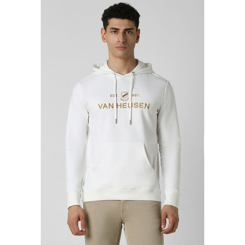 Van Heusen Men White Embroidered Hooded Neck Sweatshirt (XL)