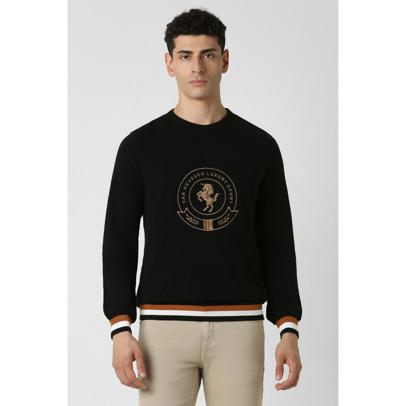 Van Heusen Men Black Embroidered Crew Neck Sweater (S)