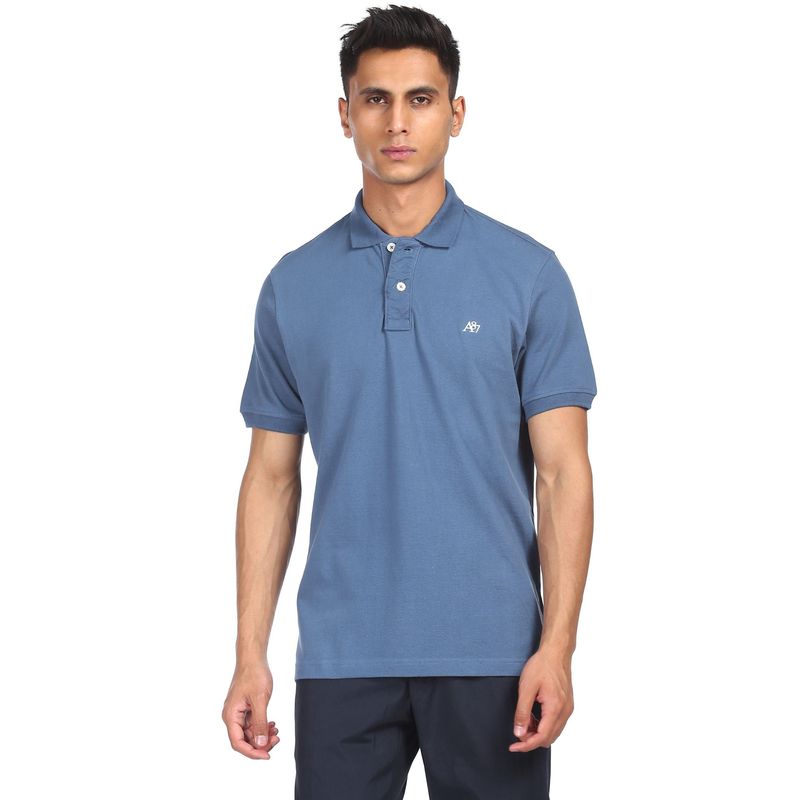Aeropostale Men Blue Cotton Solid Polo T-Shirt (S)