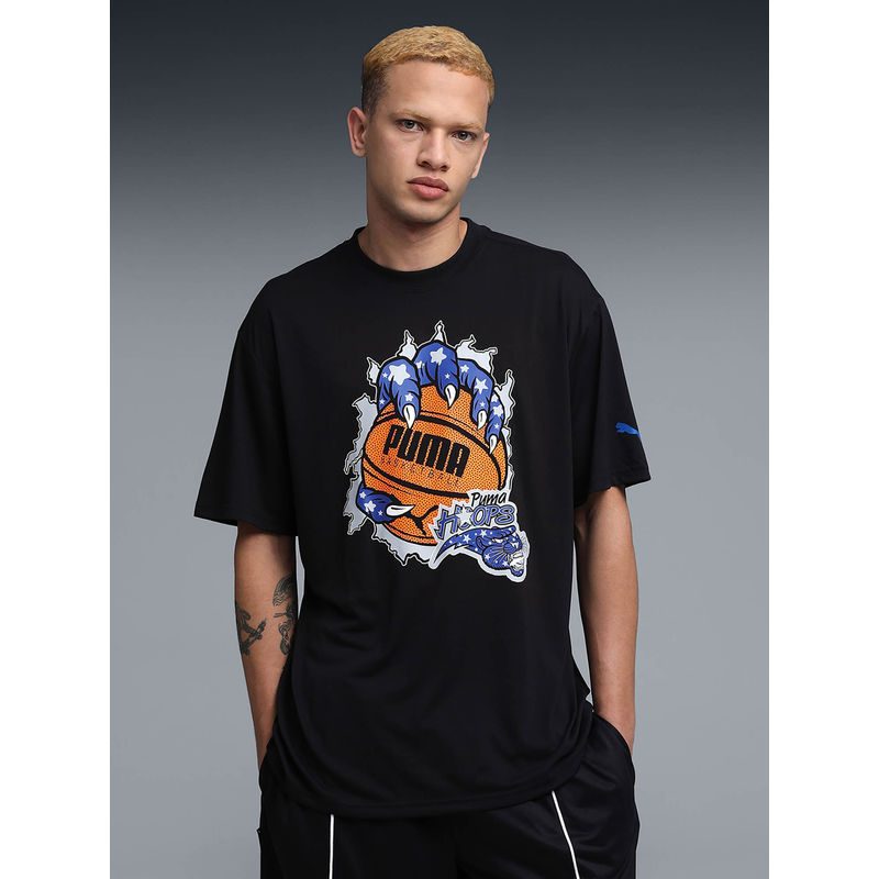Puma Men Black Hoopaverse Moisture-Wicking Graphic Printed Basketball T-shirt (XS)