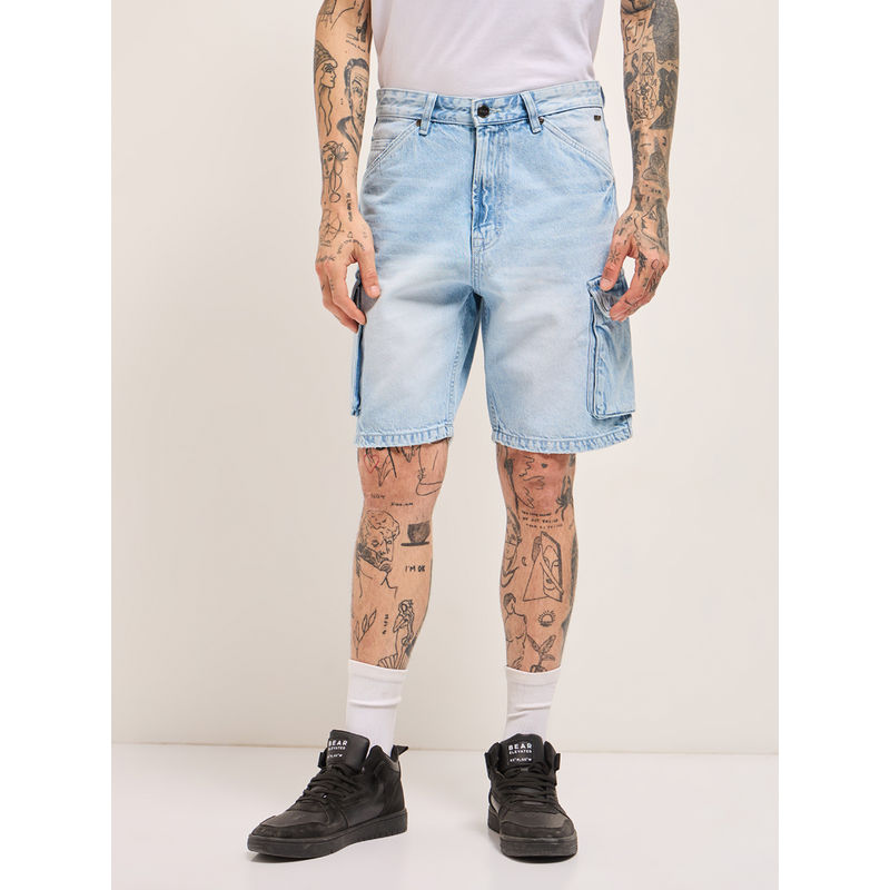 THE BEAR HOUSE Men Comfort Fit Light Blue Casual Cotton Cargo Shorts (34)