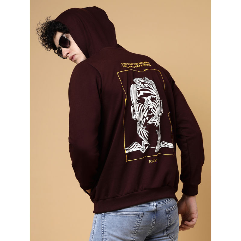 RIGO Men Maroon Oversized Printed Fleece Hoodie (2XL)