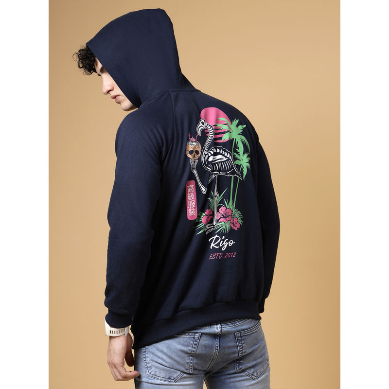 RIGO Men Navy Blue Oversized Printed Fleece Hoodie (L)