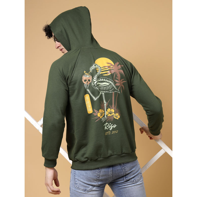 RIGO Men Olive Oversized Printed Fleece Hoodie (M)