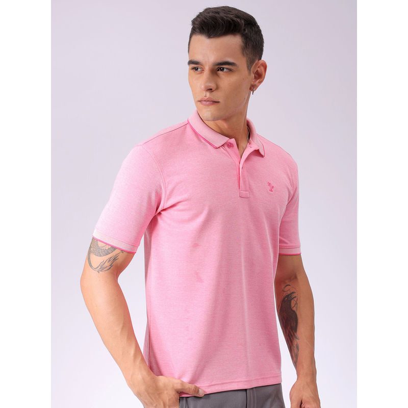 The Indian Garage Co Men Pink Slim Fit Placement Solid Polo Collar T-Shirt (S)