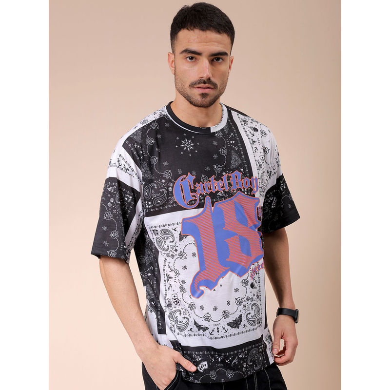 The Indian Garage Co Men White Oversized Paisley Printed Round Neck T-Shirt (M)