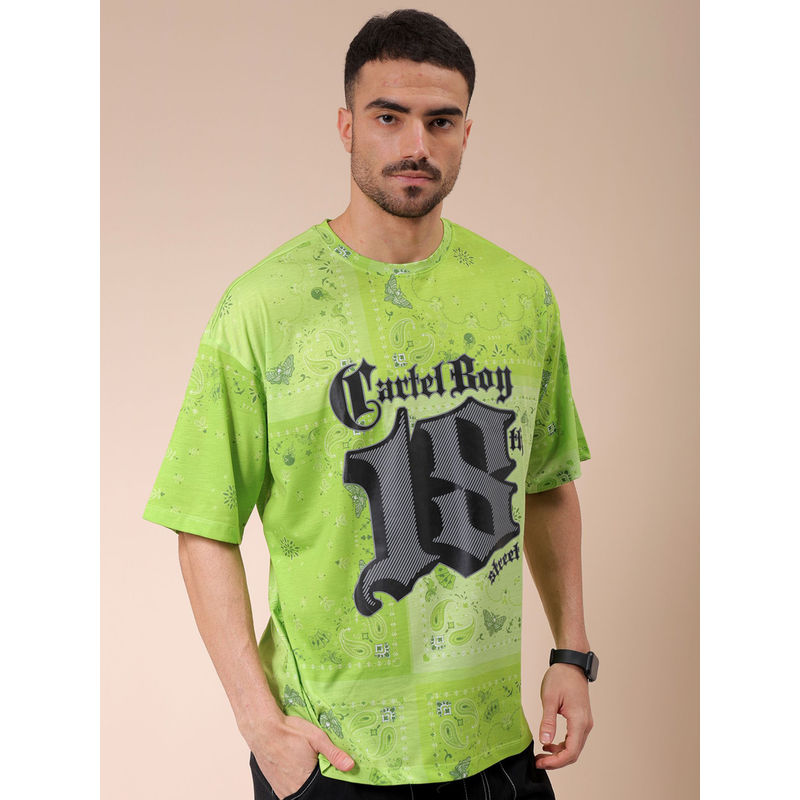The Indian Garage Co Men Green Oversized Paisley Printed Round Neck T-Shirt (M)