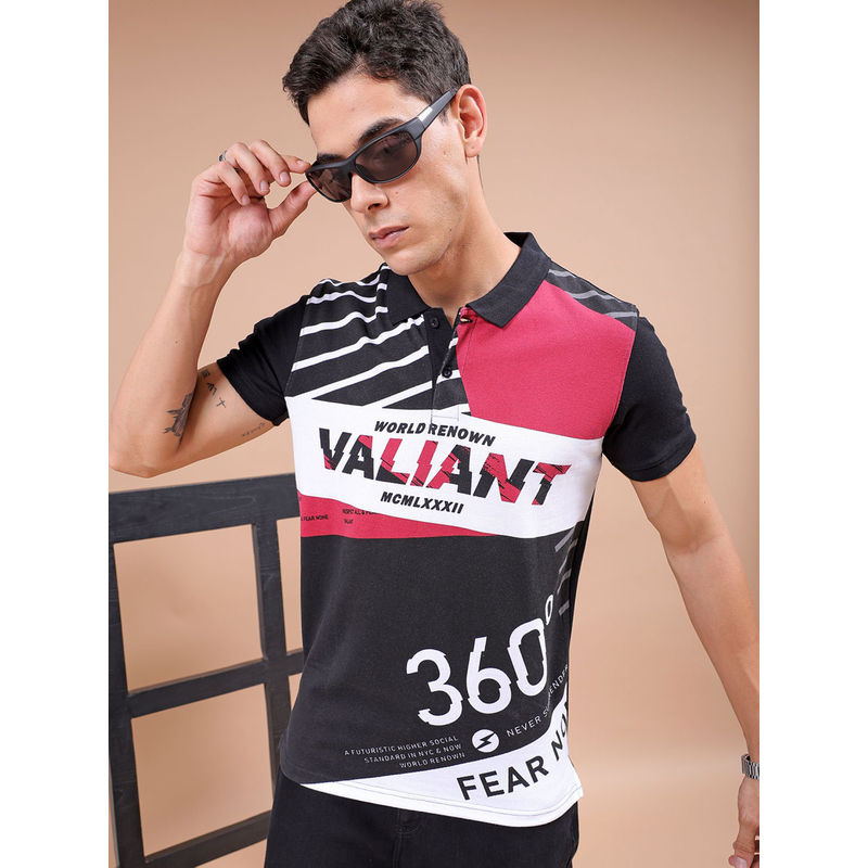 The Indian Garage Co Men Black Slim Fit Printed Polo Collar T-Shirt (M)