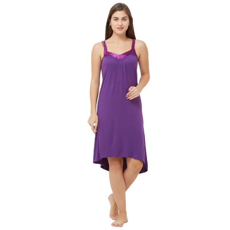 SOIE Women's Viscose Spandex Nightgown Styled With Satin Soft Neckline - Purple (L)