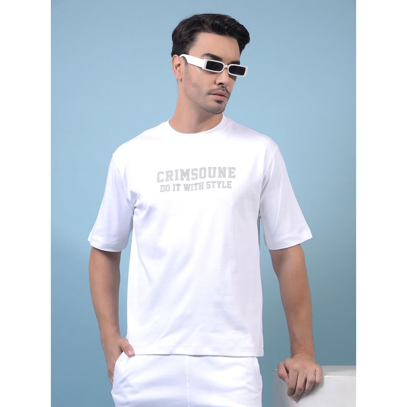 CRIMSOUNE CLUB Men White Cotton Typography Oversized Fit T-Shirt (M)