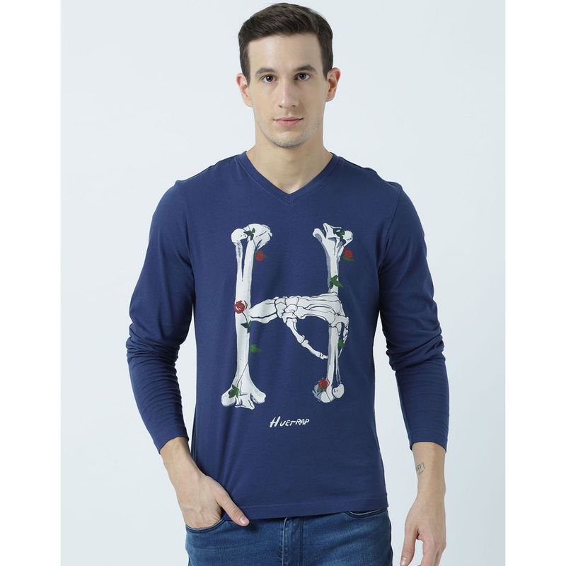 Huetrap Mens Launch Navy Full Sleeves V Neck T-Shirt (L)