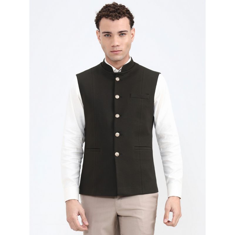 Wyre Men Olive Green Solid Blended Nehru Jacket (48)