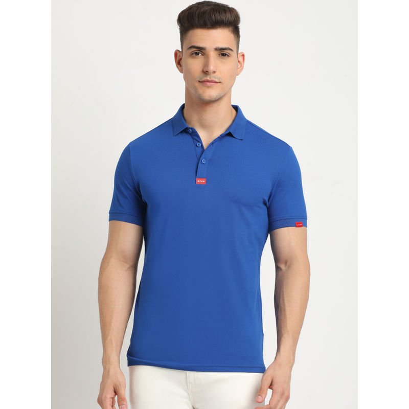 THE BEAR HOUSE Men Royal Blue Solid Slim Fit Polo Collar T-Shirt (M)