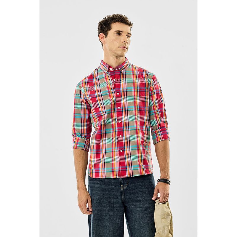Snitch Red Checks Regular Casual Shirt (S)
