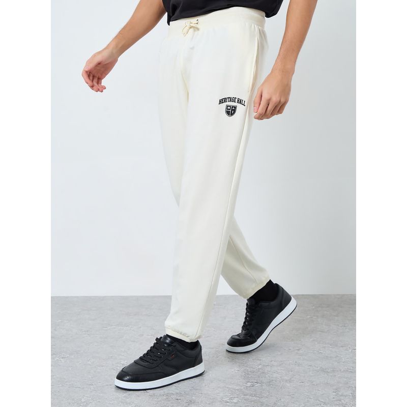 Styli Cream Men's Slim Fit Varsity Pocket Print Terry Joggers (M)