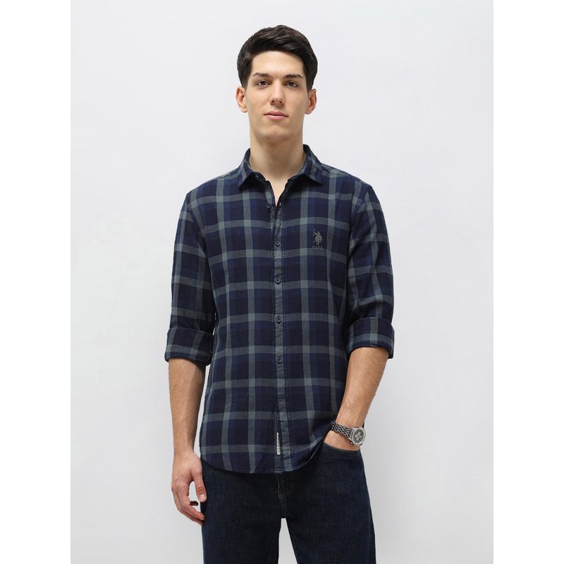 U.S. Polo Assn. Denim Co. Men's Navy Blue Tartan Checked Twill Shirt (46)