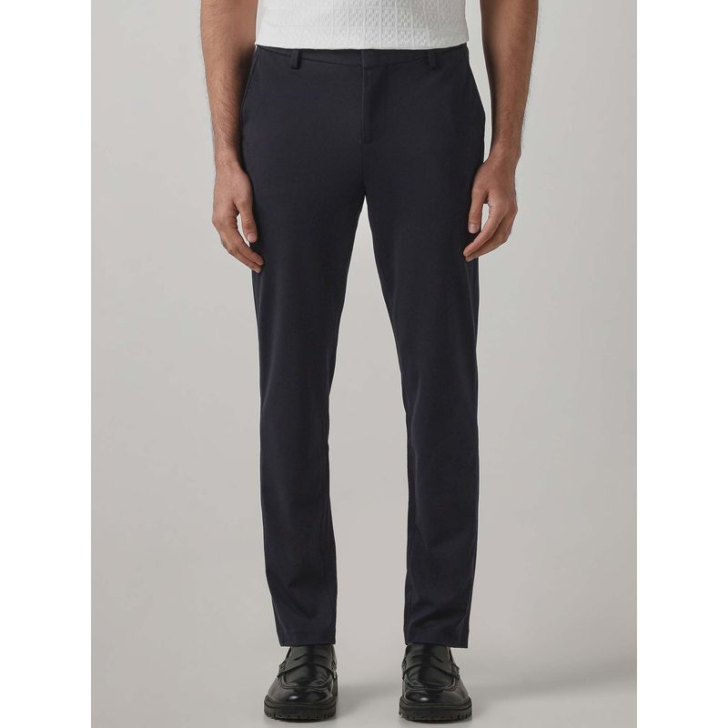 Mufti Navy Blue Solid Plain Formal Chinos (30)