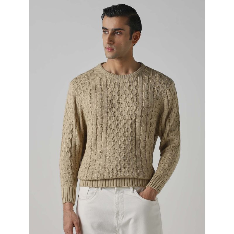 Mufti Beige Textured Full Sleeves Casual Sweater (M)