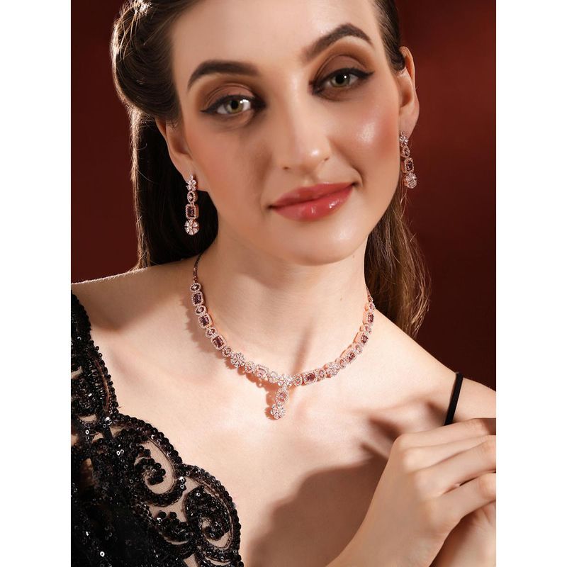 Buy Priyaasi Rose Gold Plated Floral Purple Stoned Necklace With AD