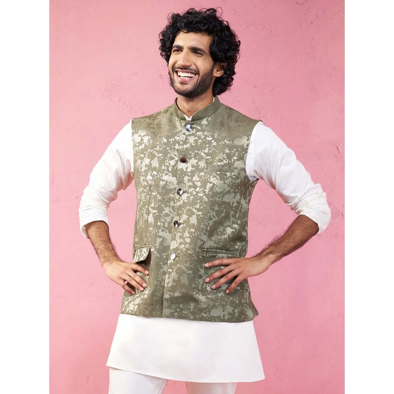 Vastramay Green Nehru Jacket with Self Design for Men (36)