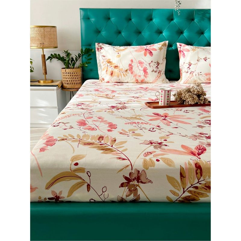 Urban Space Cotton Bedsheet with 2 Pillow Covers - Floral Peach (King)