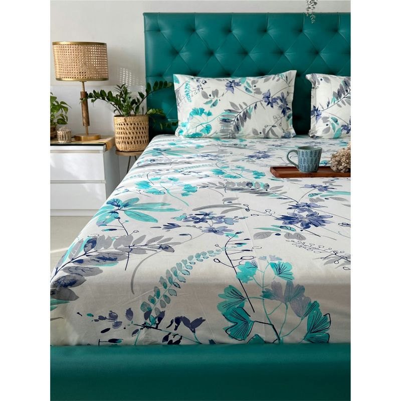 Urban Space Cotton Bedsheet with 2 Pillow Covers - Floral Blue (Queen)
