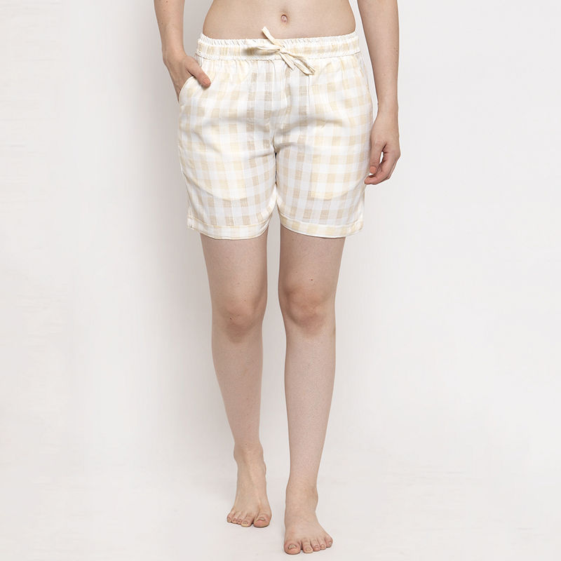Secret Wish Women's White Cotton Checked Shorts (S)