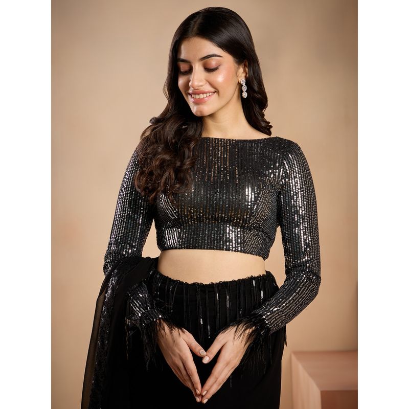 Buy Gajra Gang Glitterati Black Sequin and Feather Detailed Sleeves Blouse GGBL27 Online