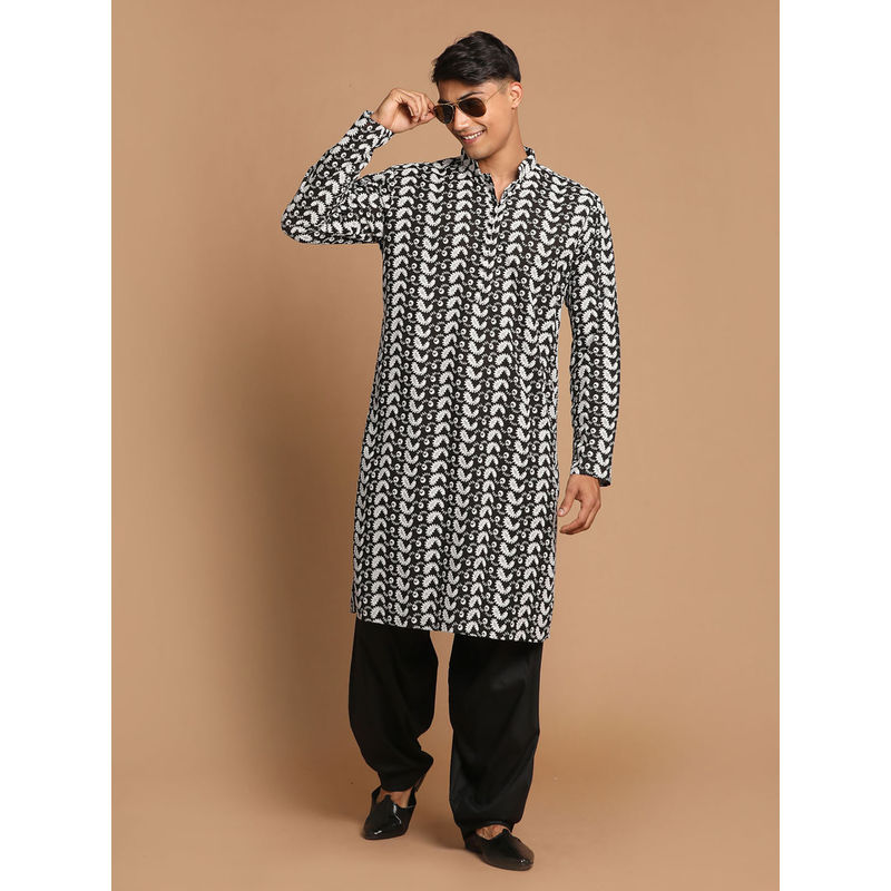 Vastramay Mens Black & White Pure Cotton Kurta & Black Patiala (Set of 2) (S)