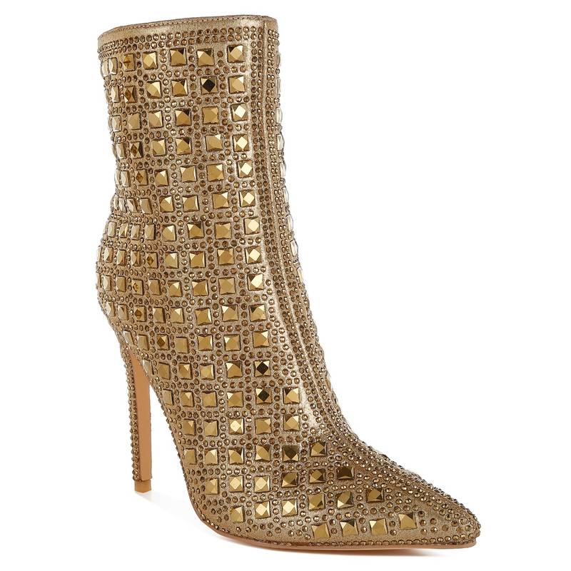 London Rag Gold Pointed Toe Rhinestones Stiletto Casual Boots (UK 4)