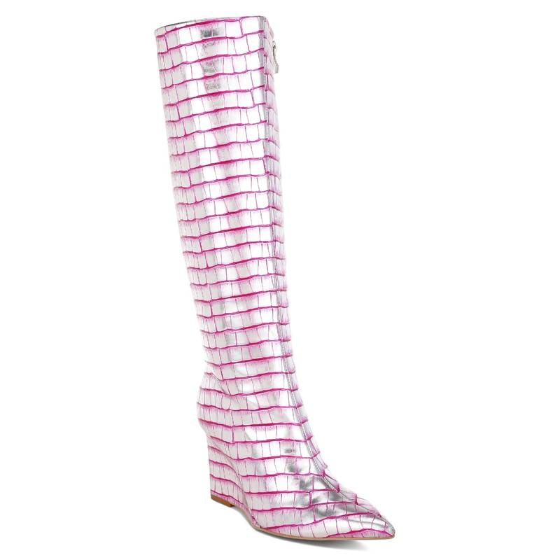 London Rag Pink Croco Metallic Long Wedges Casual Boots (UK 3)