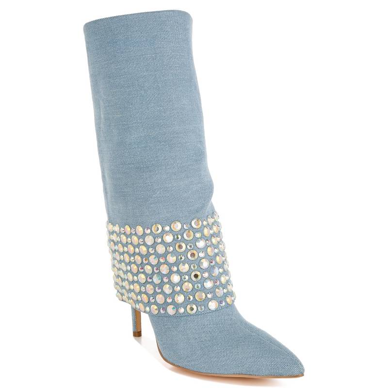 London Rag Blue Diamante and Rhinestones Denim Boots (UK 3)