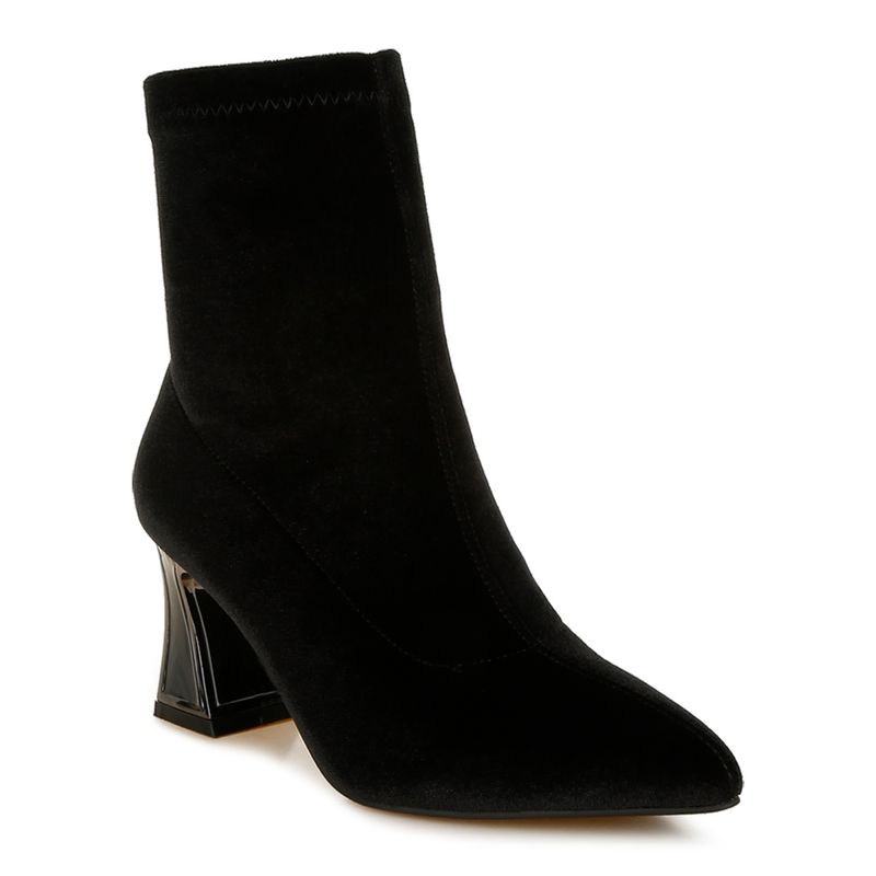 London Rag Black Flared Block Heel Velvet Boots (UK 4)