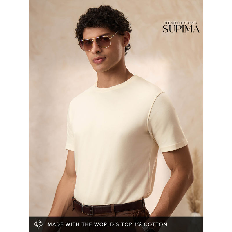 The Souled Store Men Cream Solid T-Shirt (M)