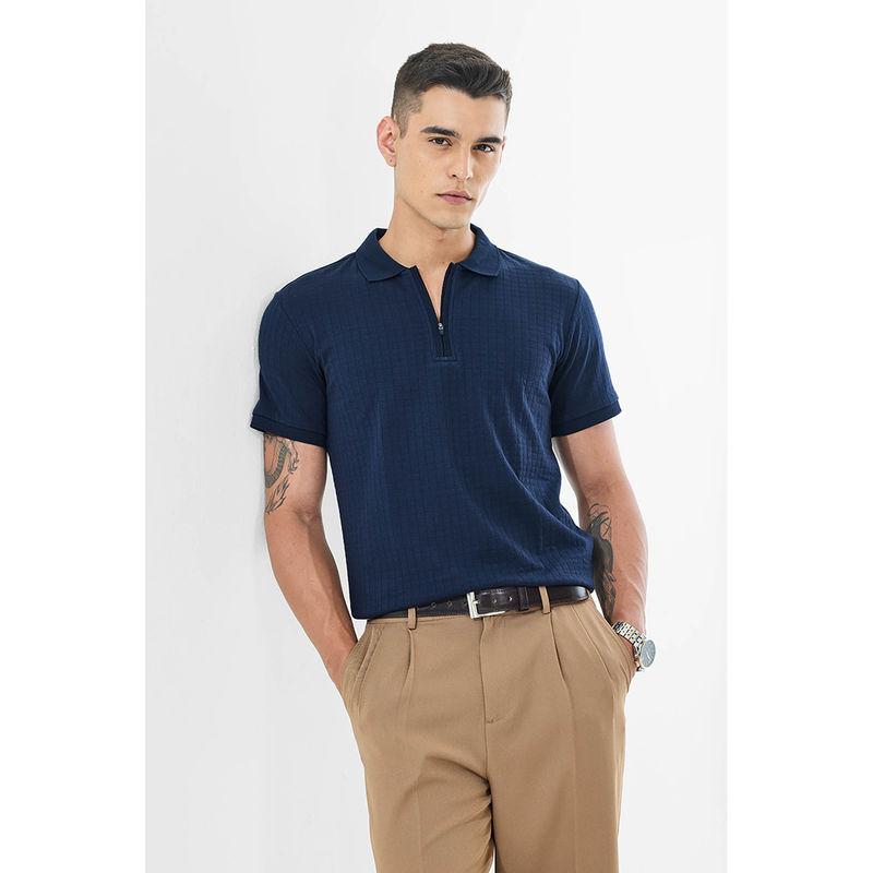 Snitch Men Navy Blue Checks Polo T- Shirt (L)