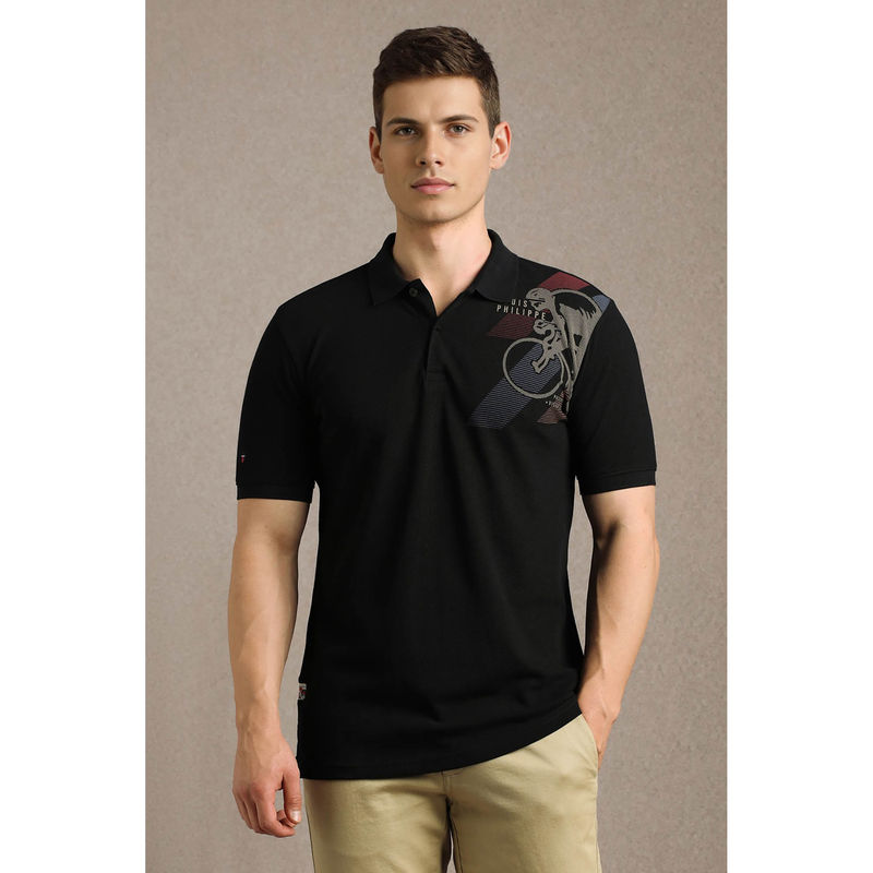 Louis Philippe Men Black Printed Polo T- Shirt (L)