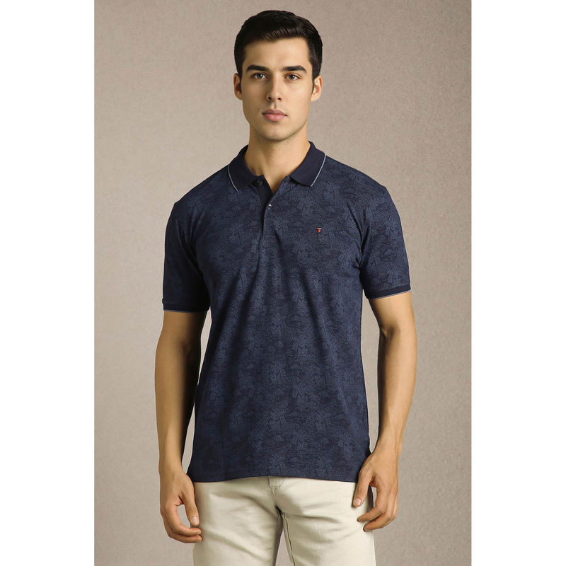 Louis Philippe Men Navy Blue Printed Polo T- Shirt (M)