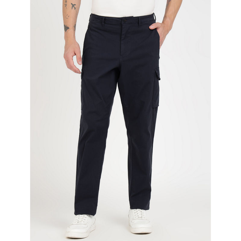 Guess Navy Blue Cotton Blend Solid Relaxed Fit Cargo Pant (34)