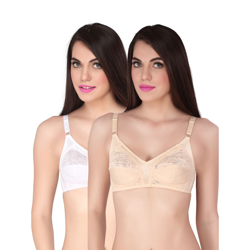 SOIE Floral Lace Non Padded Non Wired Regular Bra Pack Of 2 - Beige & White (40B)