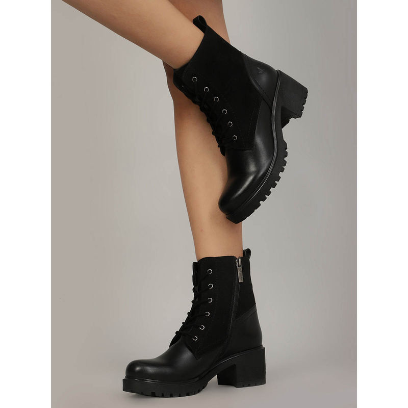 Yoho Black Suede Leather Finish Combat Ankle Boots for Women (UK 4)