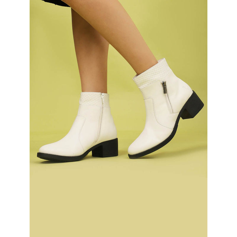 Yoho White Slays Ankle Boots with Textured Cuff and Block Heel for Women (UK 8)