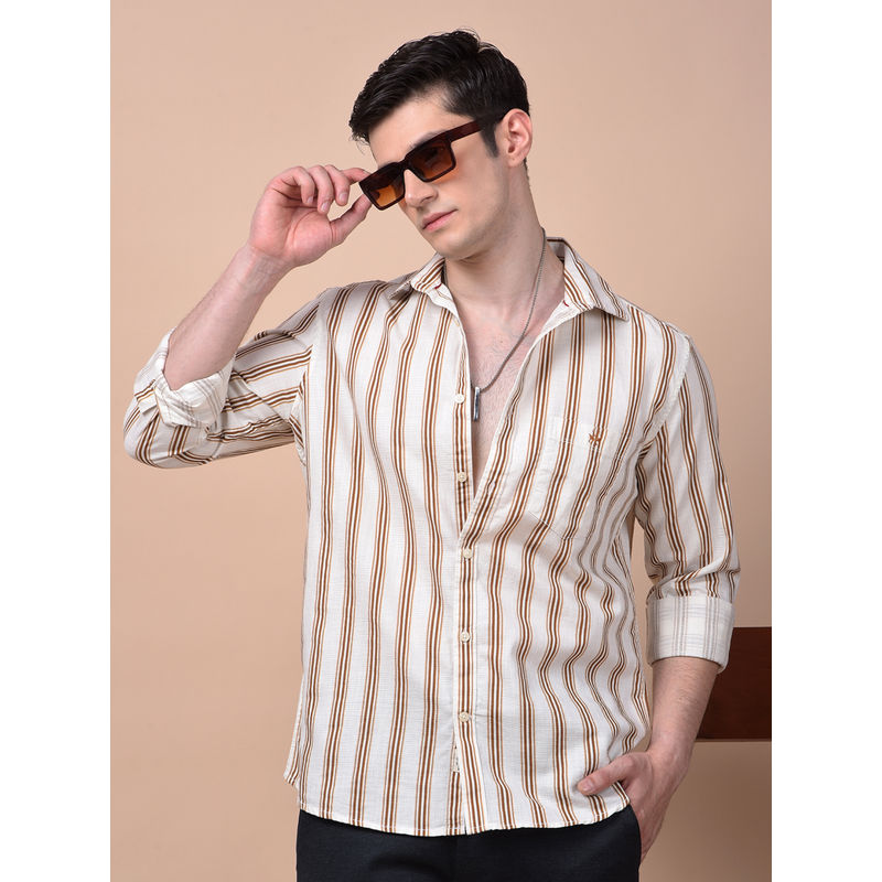 CRIMSOUNE CLUB Men Brown Vertical Stripes Pure Cotton Shirt (L)