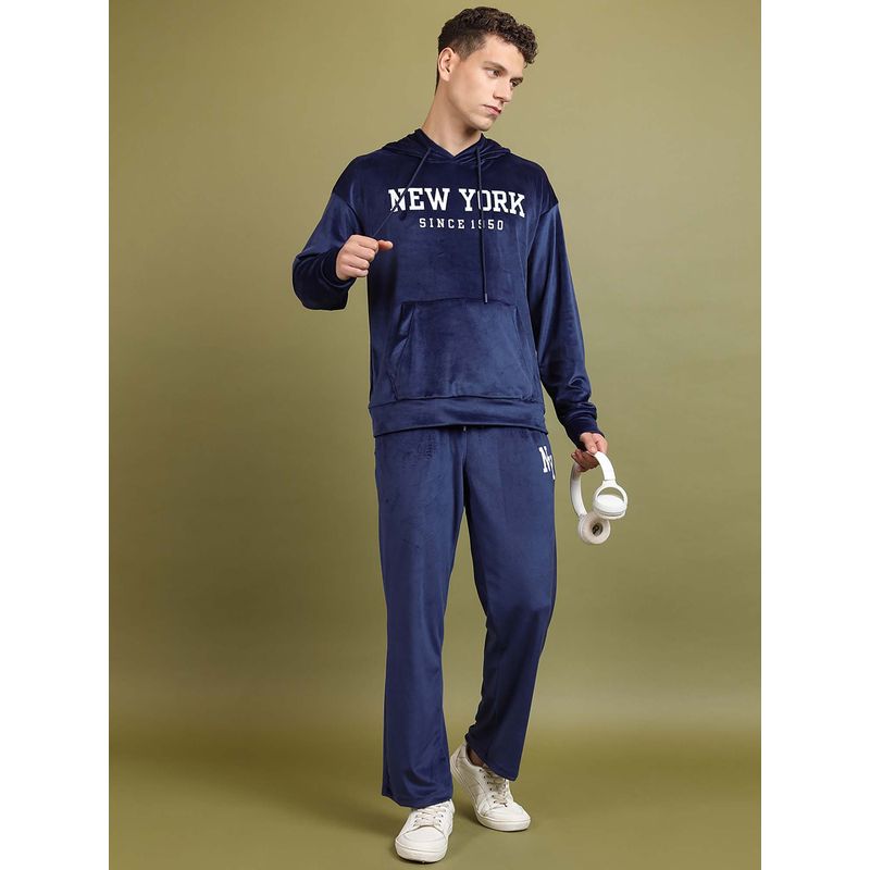 HIGHLANDER Blue Oversized Printed Hooded Sweatshirt with Track Pant (Set of 2) (XS)