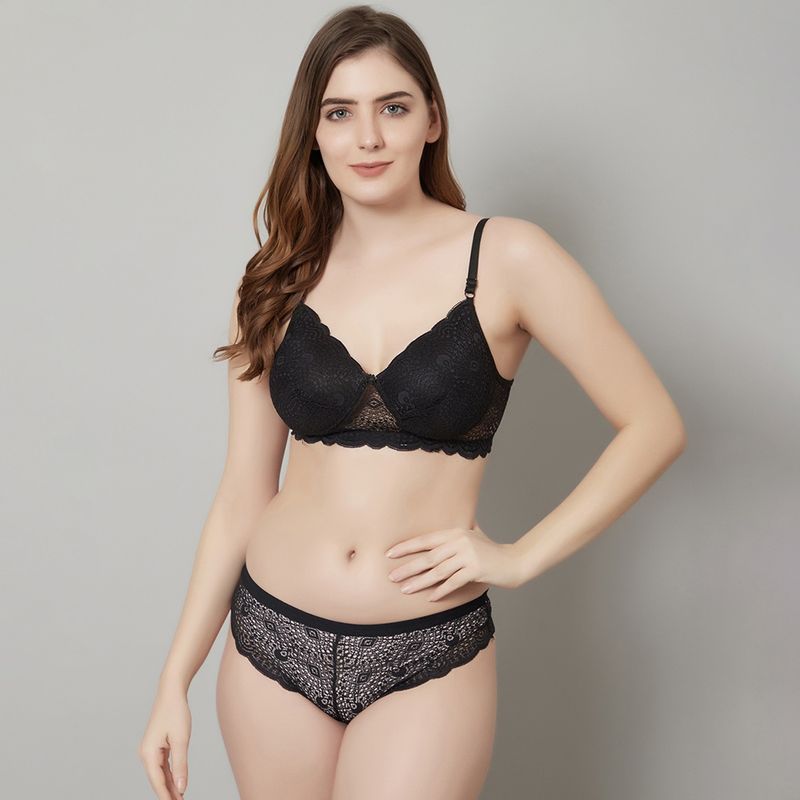 Prettycat Lightly Padded Lace TShirt Bra Panty Lingerie Set Black