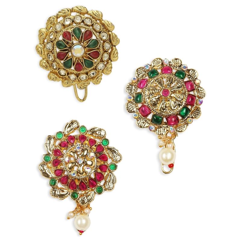 Buy OOMPH Red-Maroon and Green Stones Ethnic Hair Bun Pins- Set of 3 Online