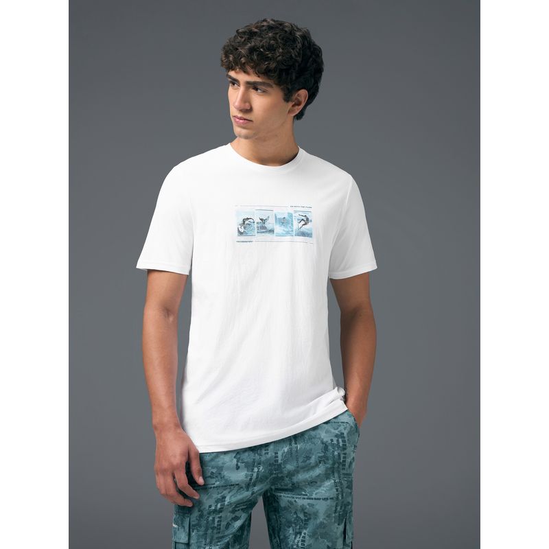 Technosport COTFLEX Men White Abstract Slim Fit Round Neck Sports T-Shirt (M)