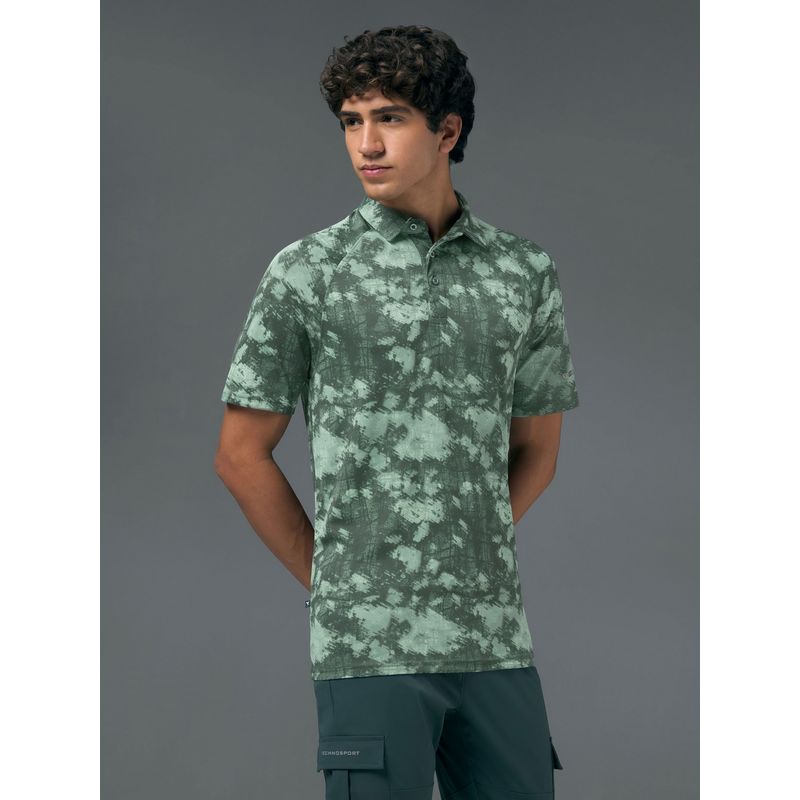 Technosport Men Green Abstract Slim Fit Polo Sports T-Shirt (M)