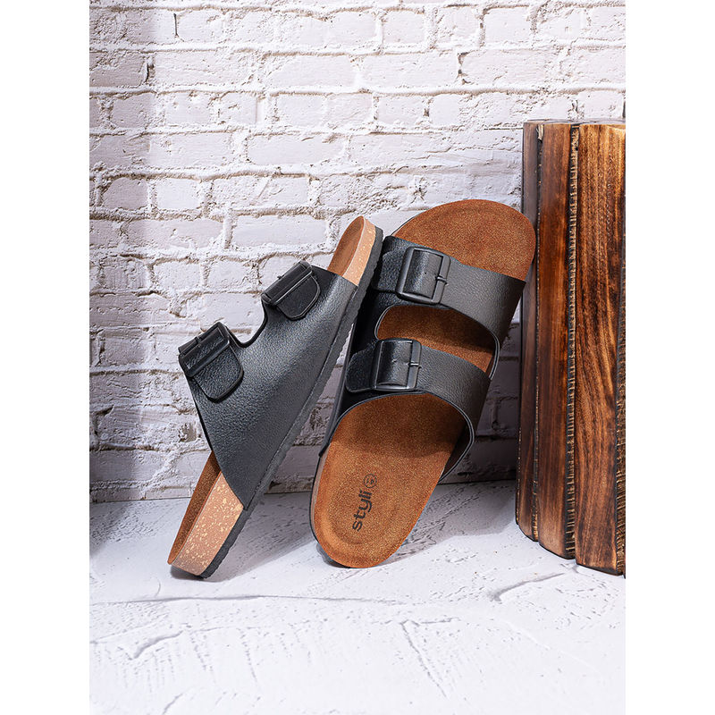 Styli Mens Black Double Strap Thick Sole Casual Sandals Synthetic (EURO 40)
